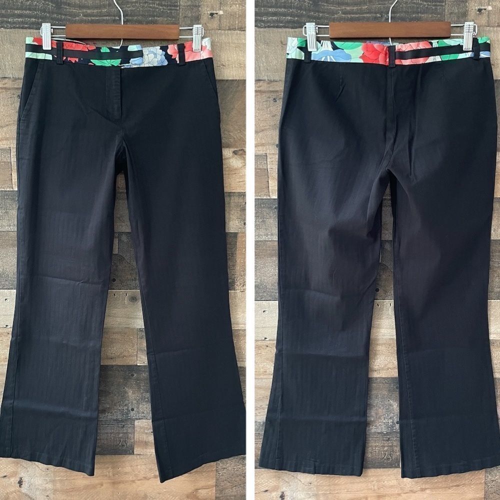 Anthropologie Poleci Black Pin Striped Floral Waistband Dress Pants Size 6